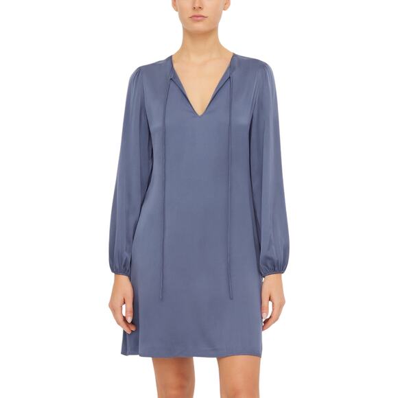 Theory Women's Size 2 Tie‎ Neck Shirred Dress Lightweight Charmeuse Silk Flowy - Picture 1 of 9